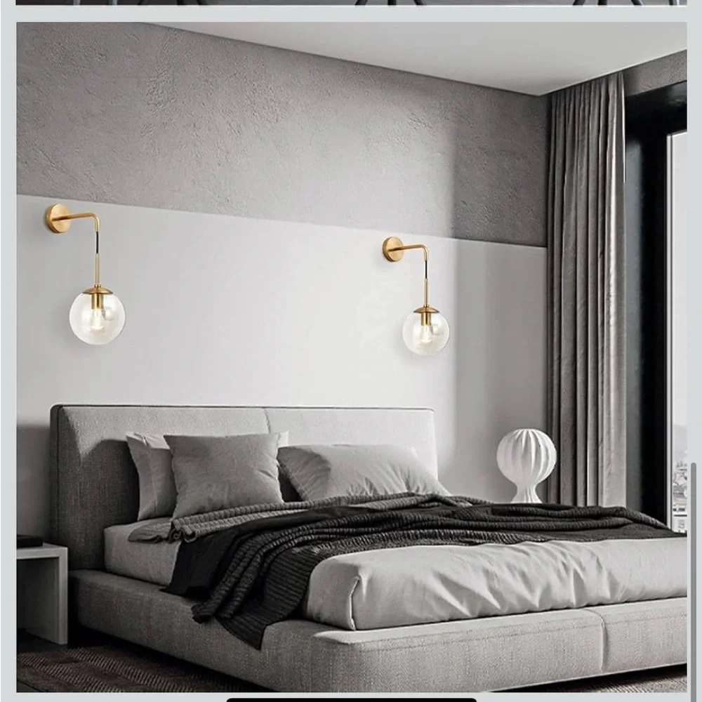 NIB Modern Wall Sconce Fixture Set of 2 Gold Adjustable Cord Brass Round Glass